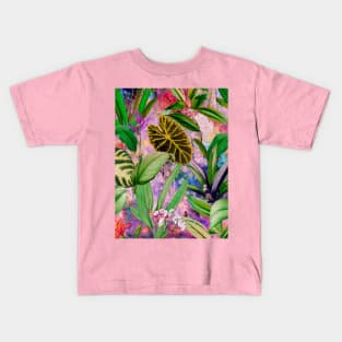 Tropical tropical floral leaves and foliage botanical illustration, pink purple leaves pattern over a Kids T-Shirt